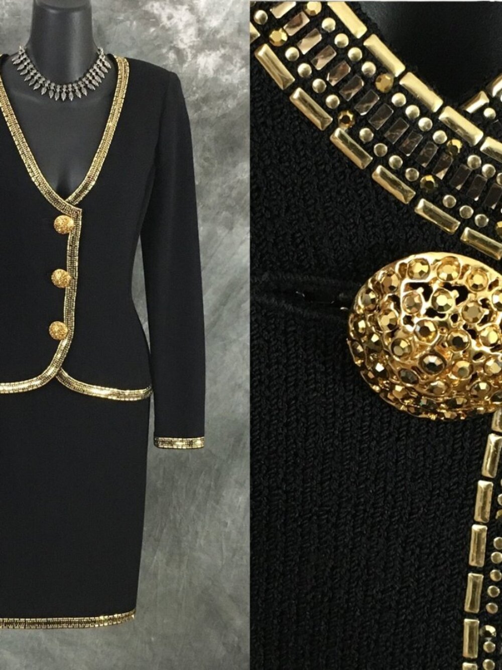 BEAUTIFUL St John evening knit black gold rhinestones embellished skirt suit 6